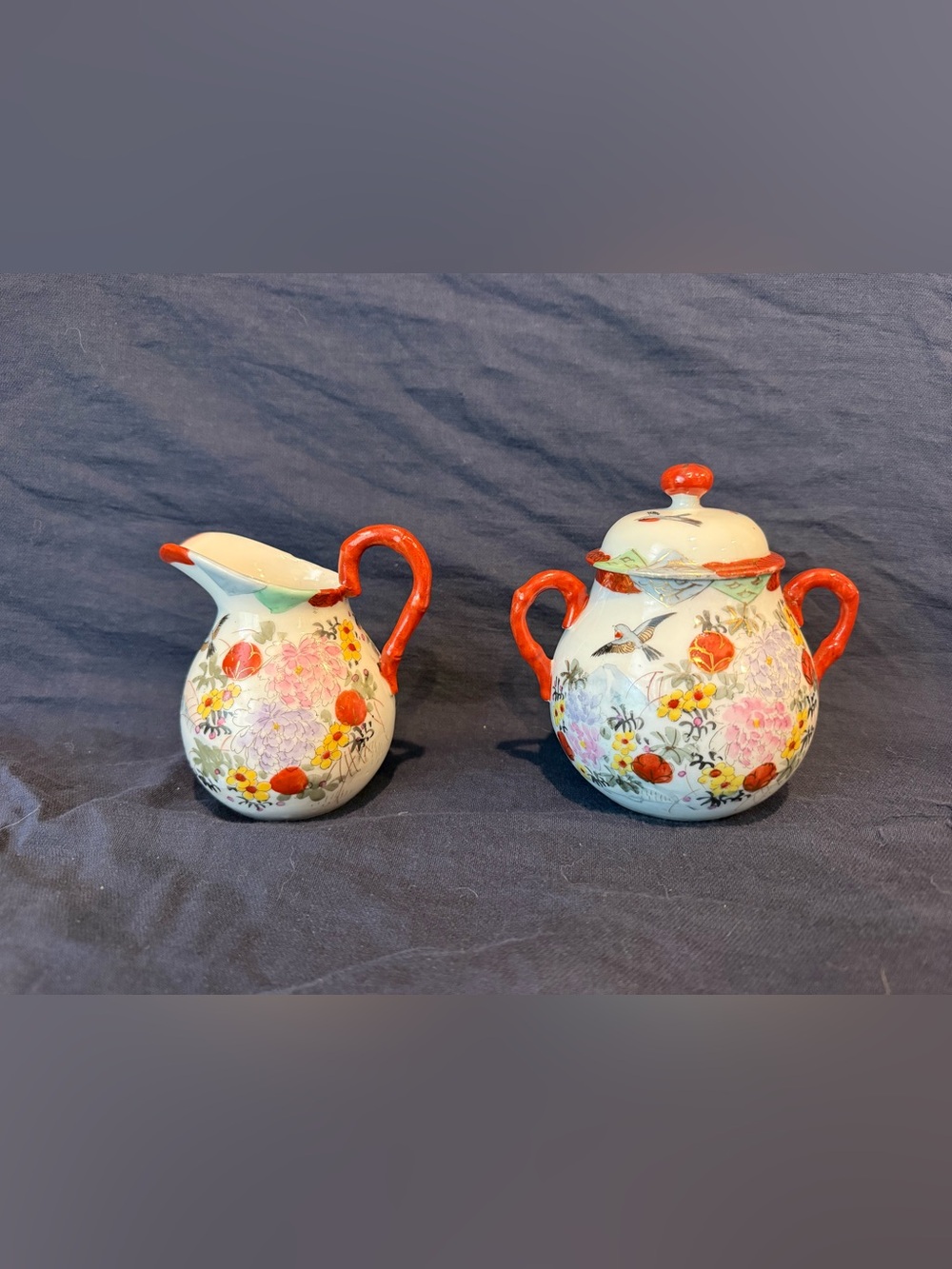 Vintage Japanese Kutani Porcelain Creamer and Sugar Bowl Set